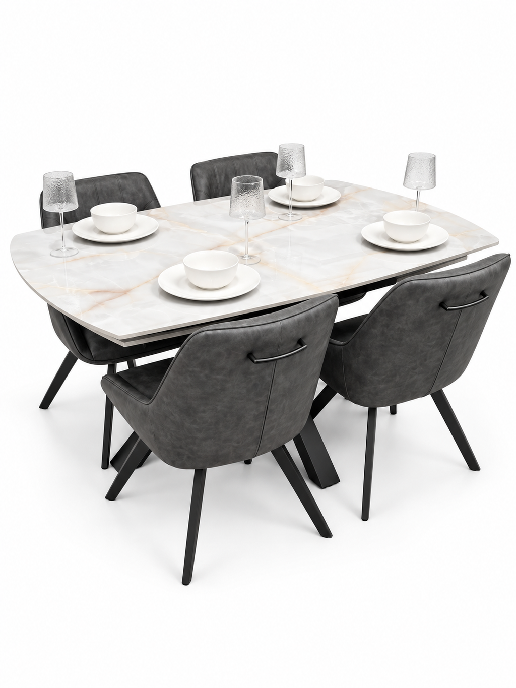 Positano Extending Sintered Stone Dining Set + 6 Pedro Charcoal PU Chairs