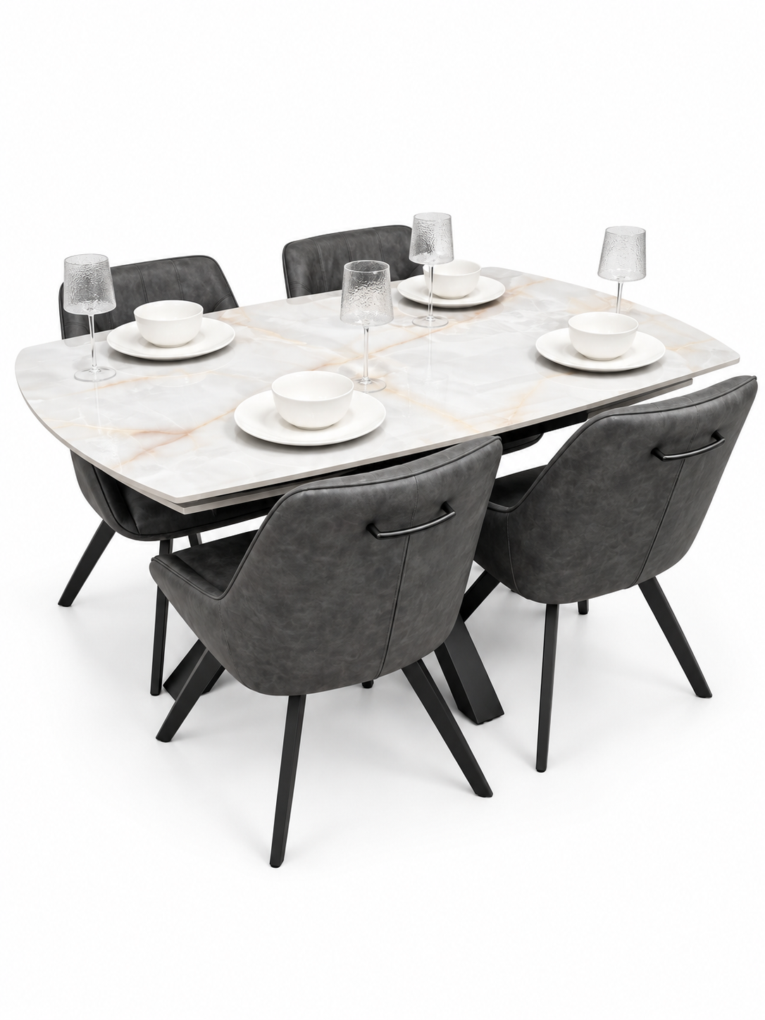 Positano Extending Sintered Stone Dining Set + 6 Pedro Charcoal PU Chairs