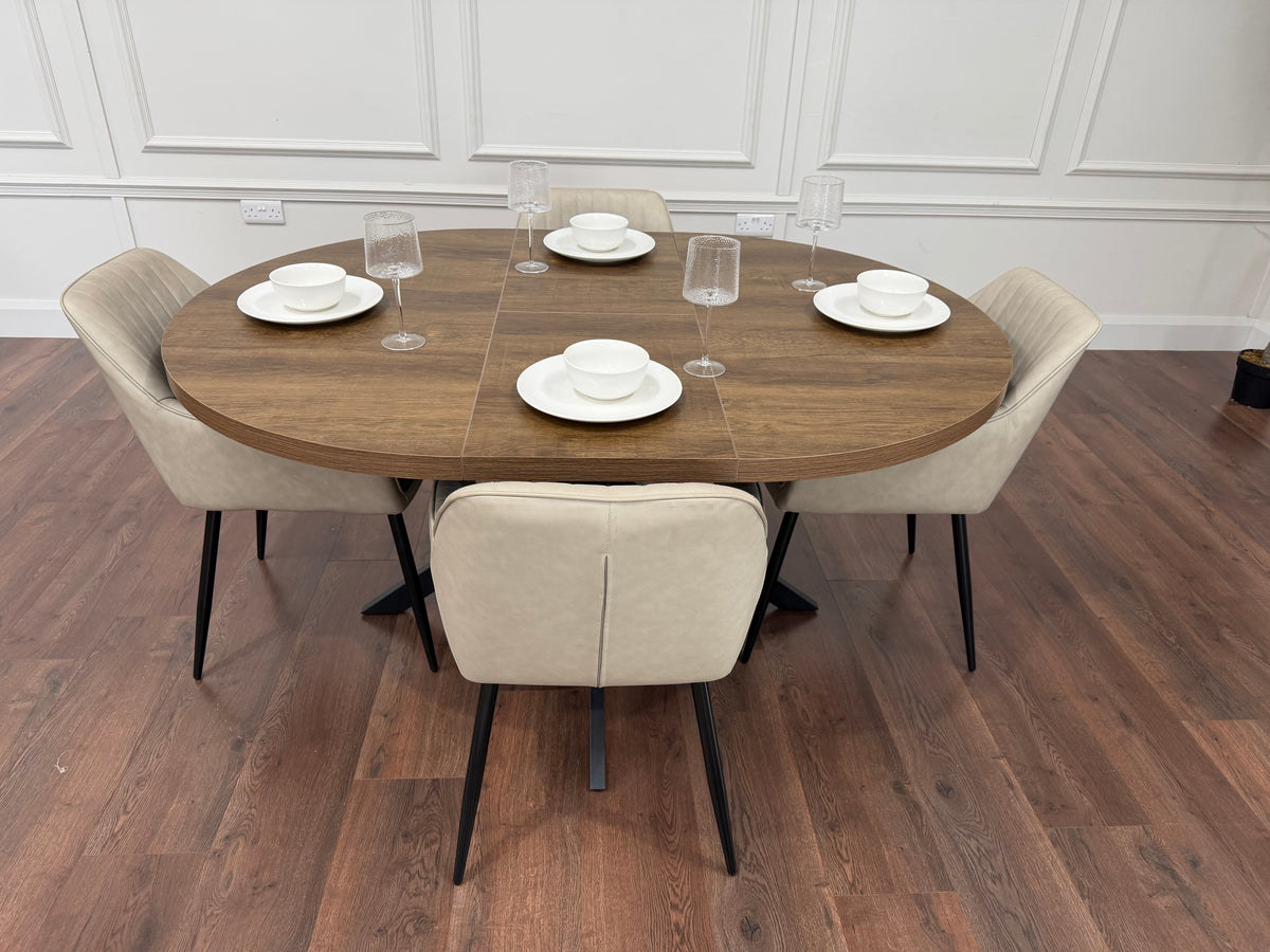Pan 1.2m–1.6m Extending Dining Table with EZ Taupe PU Chairs