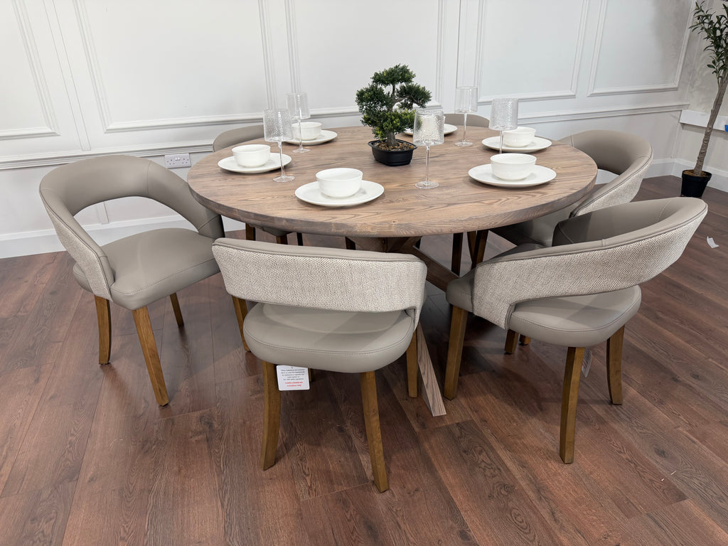 Ashley 1.5m Round Solid Oak Dining Set with 6 Willow Taupe Chairs