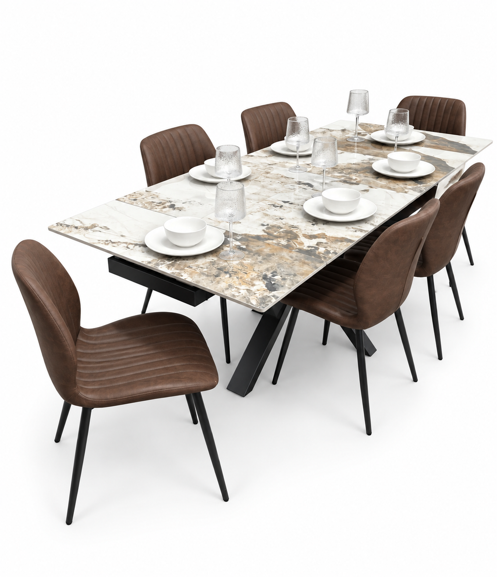 Sorrento Extending Sintered Stone Dining Set + 6 Lyra Brown Chairs