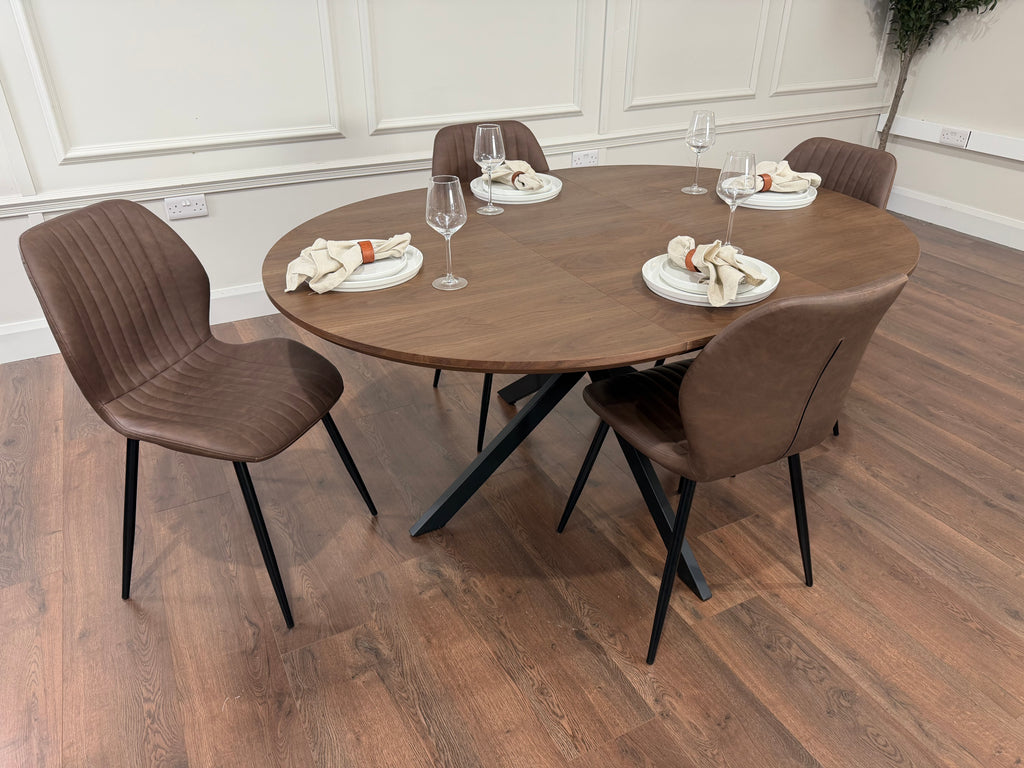 New York dark oak round extending dining table with 4 Lyra brown PU chairs - photo 2