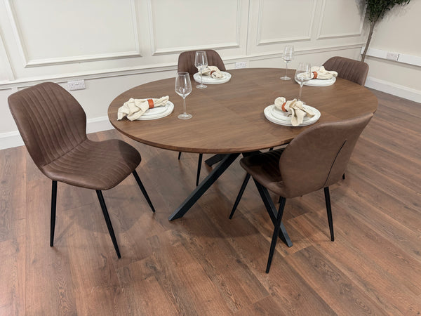 New York dark oak round extending dining table with 4 Lyra brown PU chairs - photo 2
