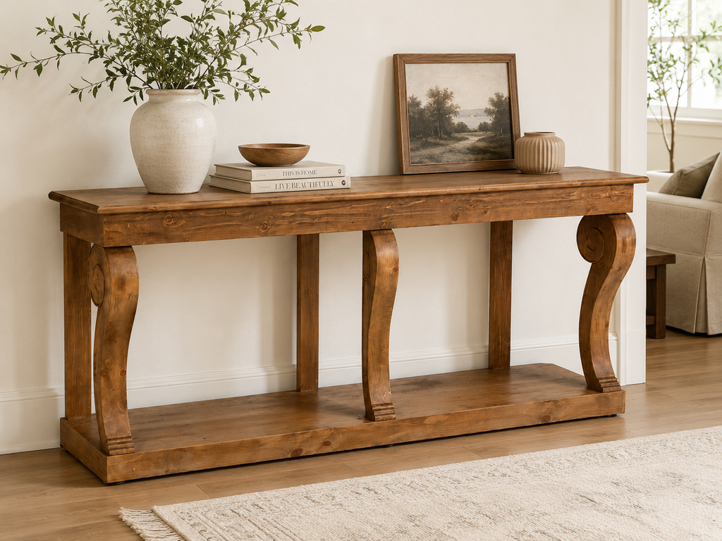Montclair Scroll Console Table – Reclaimed Wood, Cashew Oak