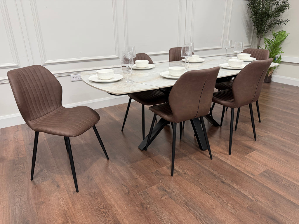 Positano Extending Sintered Stone Dining Table + 6 Lyra Brown PU Chairs