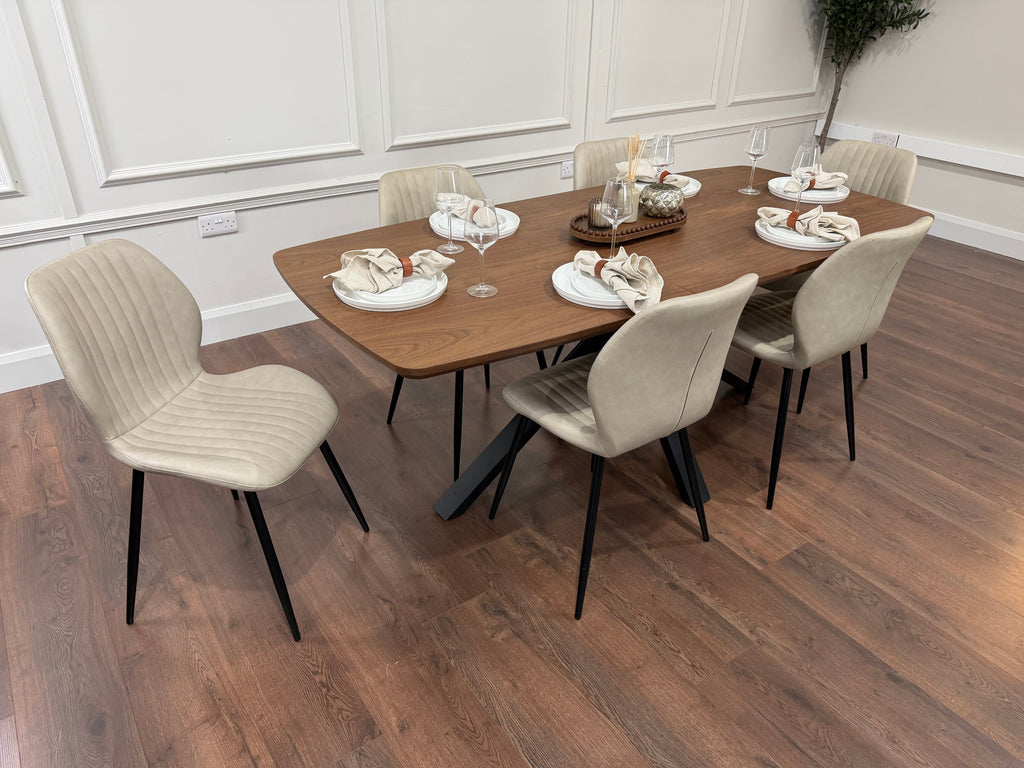 New York walnut extending dining table with 6 Lyra taupe PU chairs - photo 2