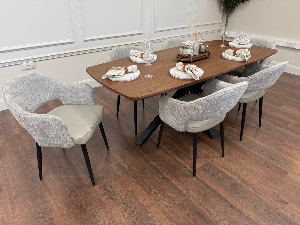 New York walnut extending dining table with 6 Maisie dove grey and stone grey chairs - photo 2