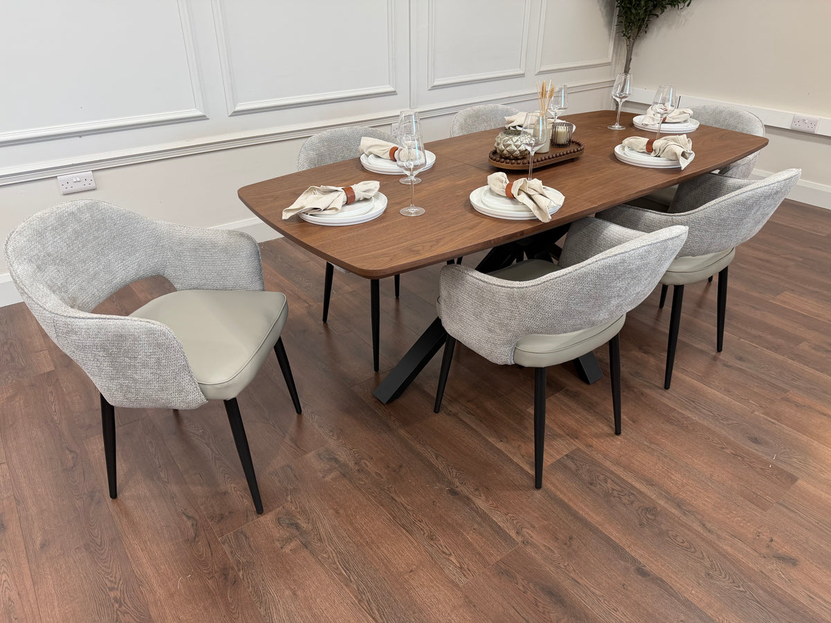 New York walnut extending dining table with 6 Maisie dove grey and stone grey chairs - photo 2