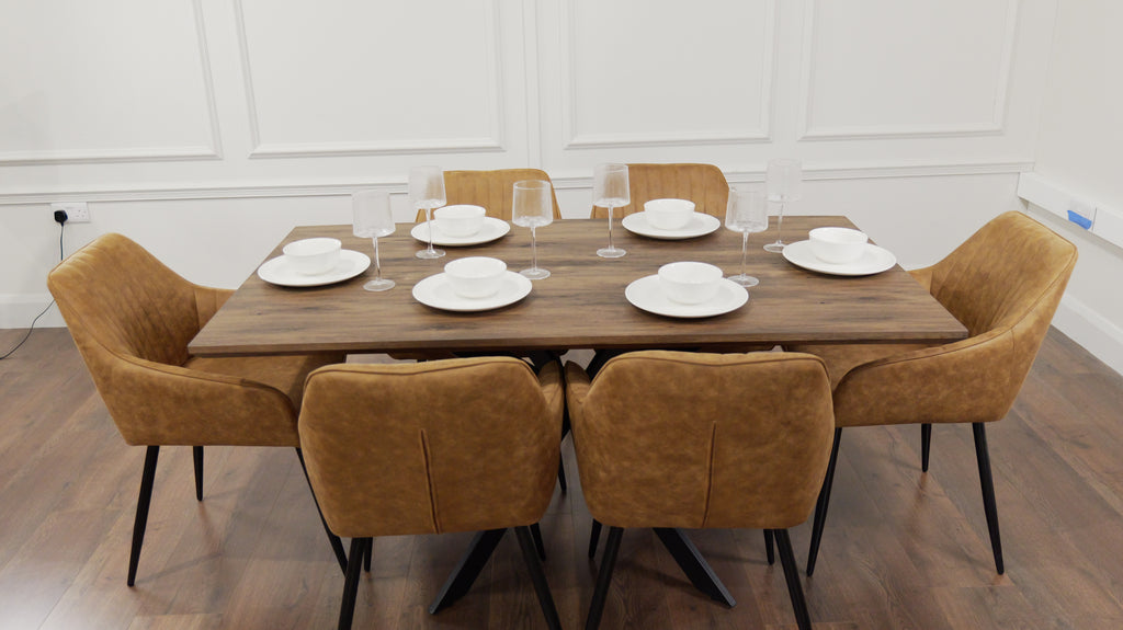 Epsom Dark Oak 1.6m + 6 EZ Chairs Tan Suede