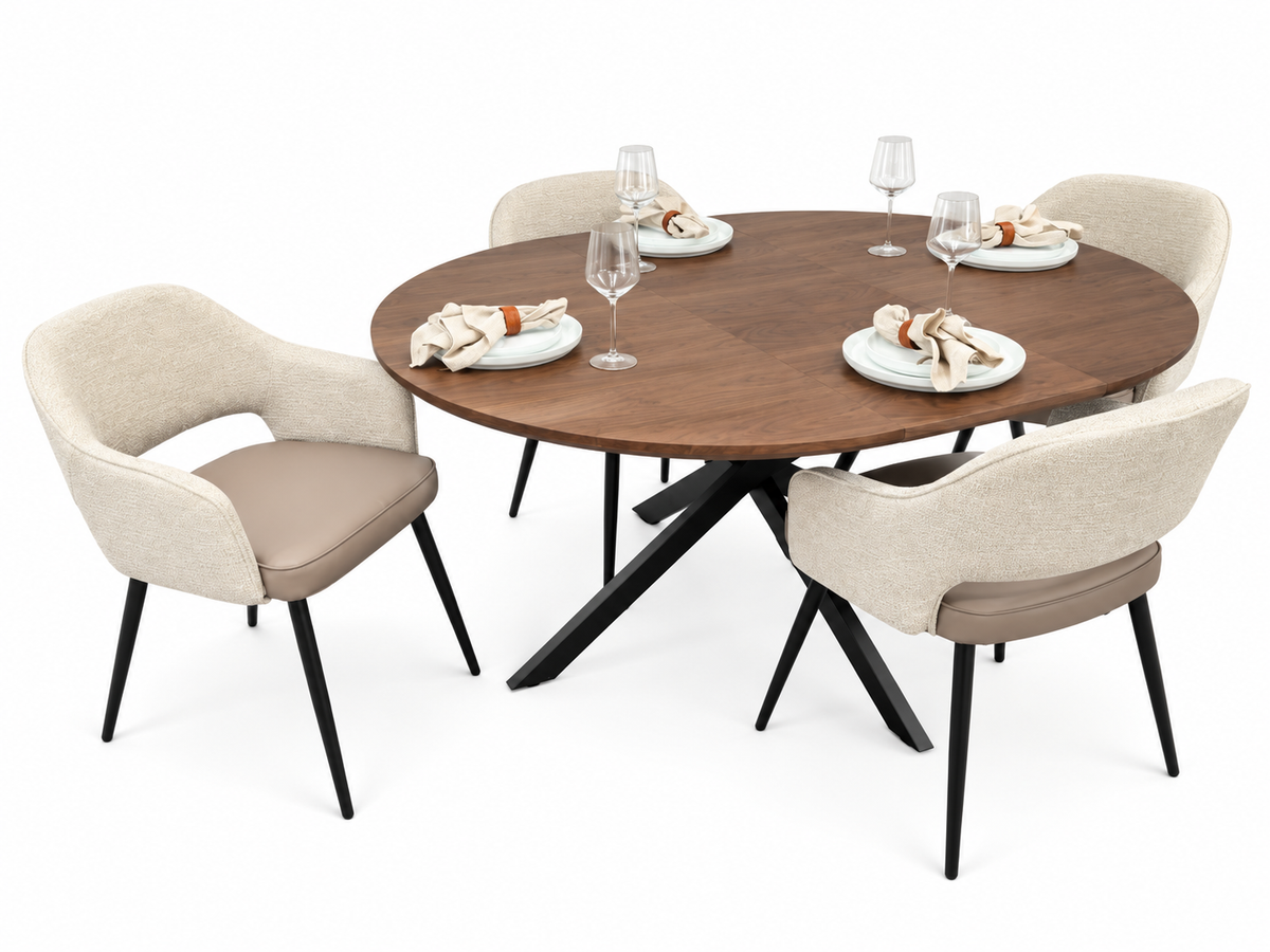 New York dark oak round extending dining table with 4 Maisie champagne beige and taupe chairs