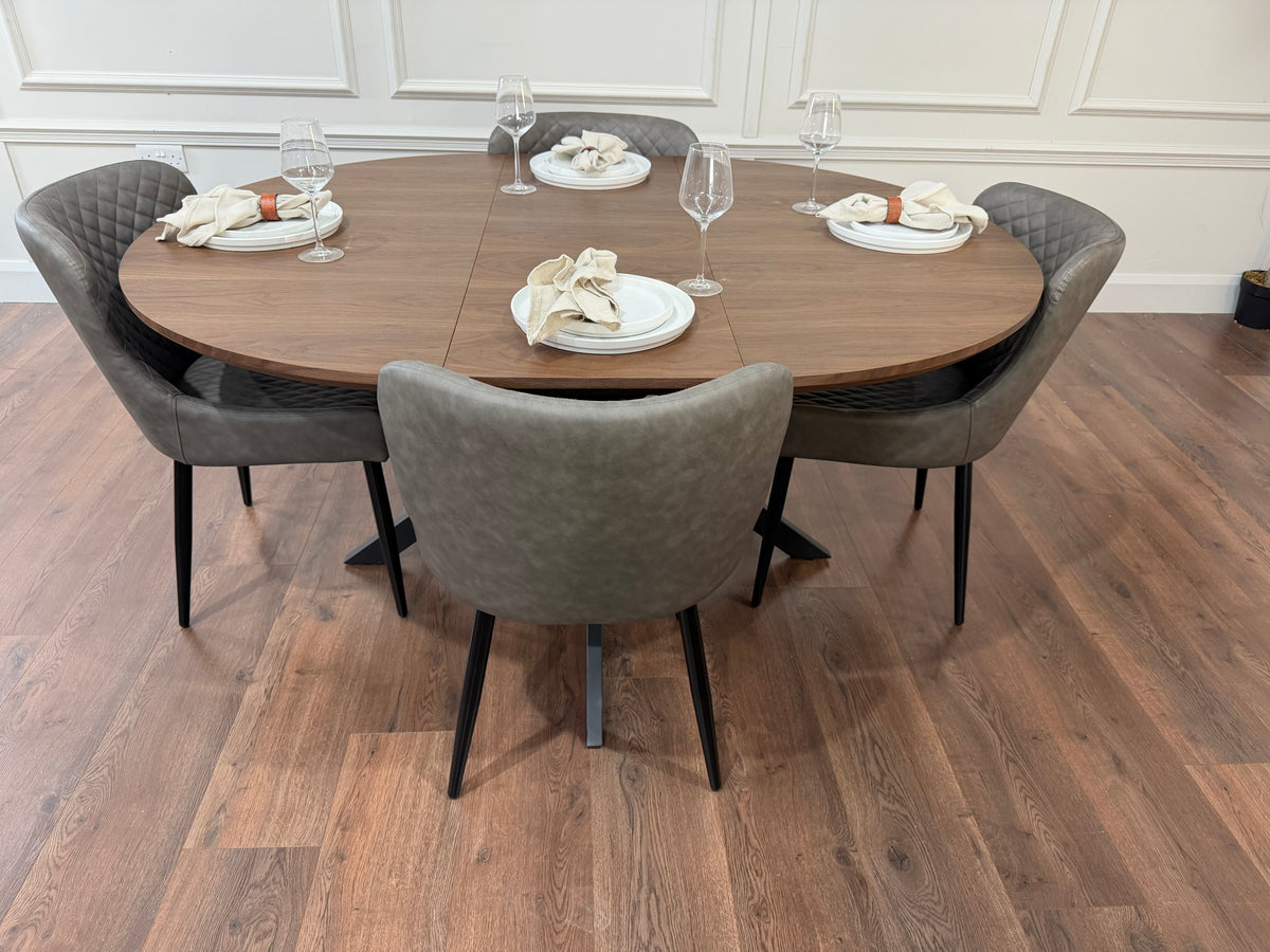 New York dark oak round extending dining table with 4 Diamond grey PU chairs - photo 3