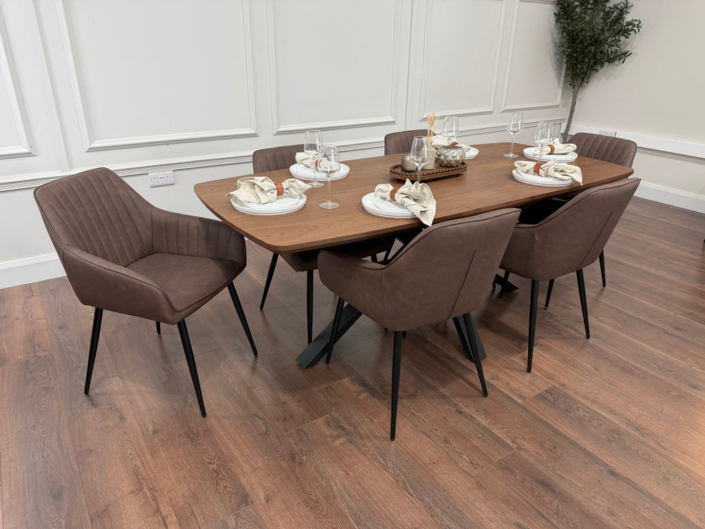 New York walnut extending dining table with 6 EZ brown PU chairs - photo 2