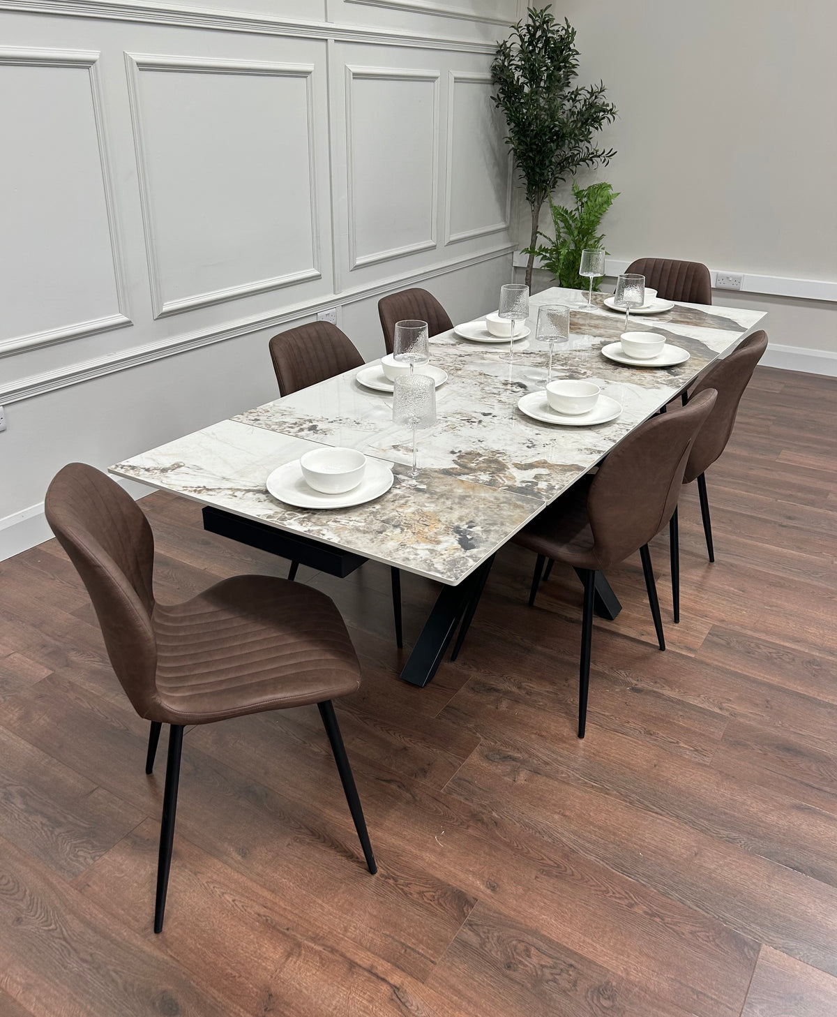 Sorrento Extending Sintered Stone Dining Set + 6 Lyra Brown Chairs