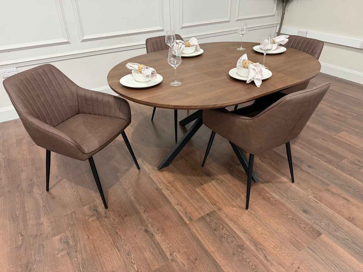 New York dark oak round extending dining table with 4 EZ brown PU chairs - photo 2