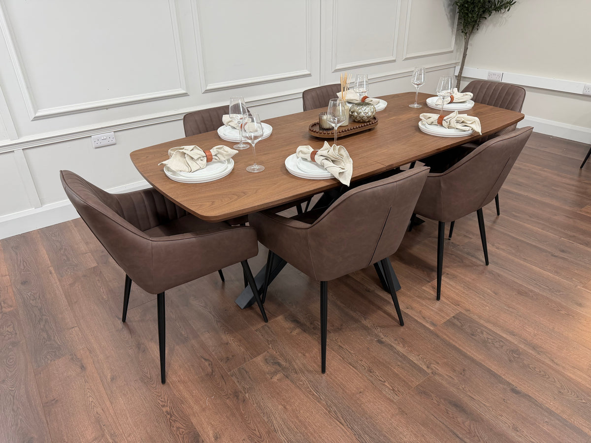 New York walnut extending dining table with 6 EZ brown PU chairs - photo 3