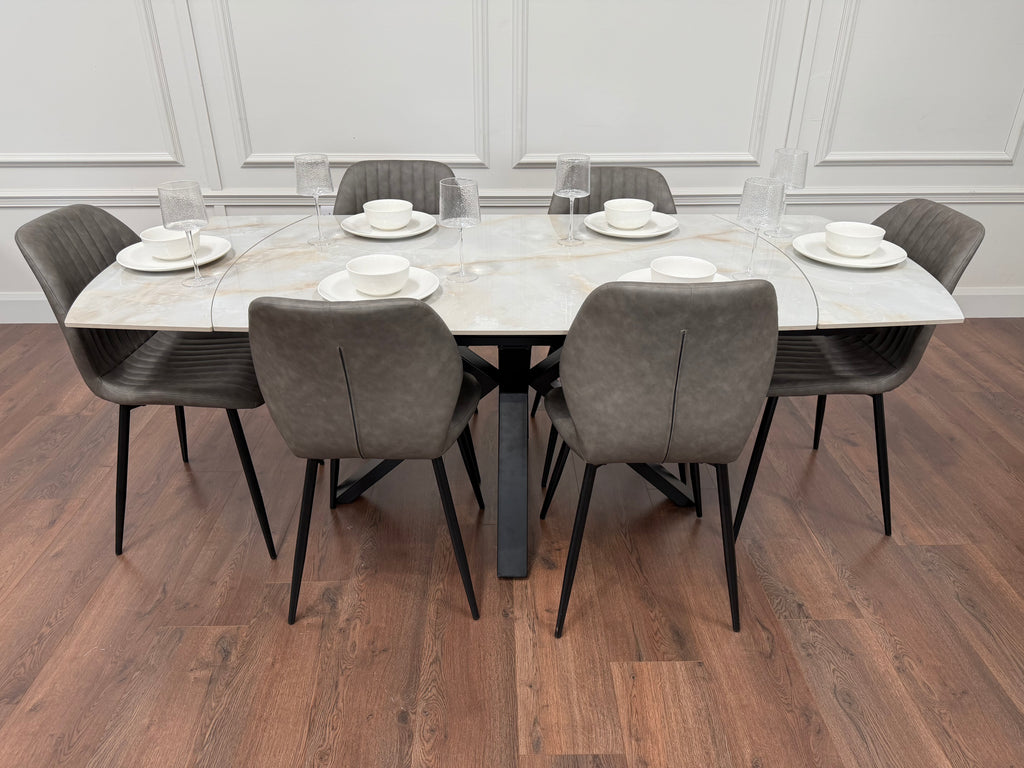 Positano Extending Sintered Stone Dining Set + 6 Lyra Grey PU Chairs