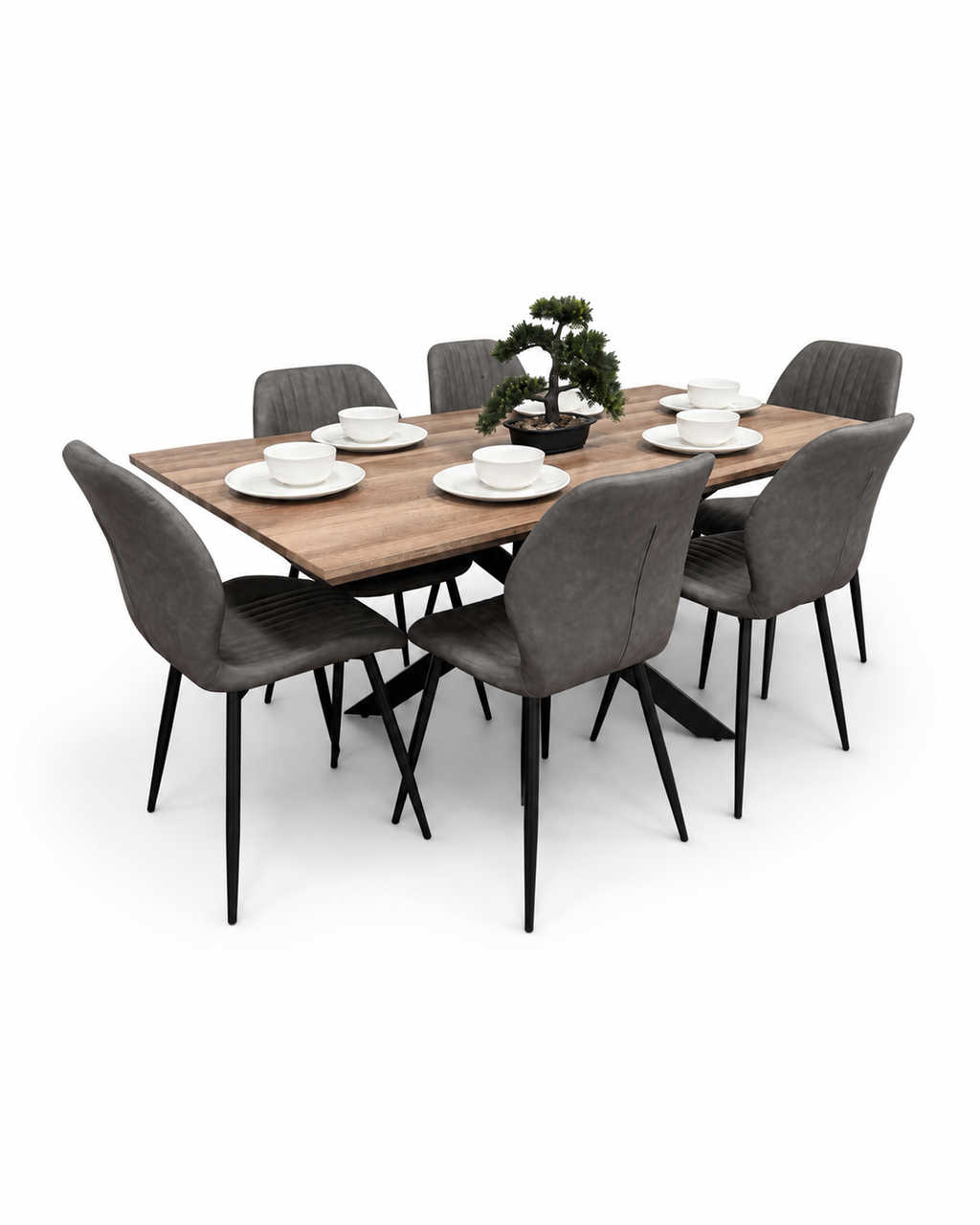 Epsom Rustic Oak 1.6m + 6 Lyra Chairs Grey PU