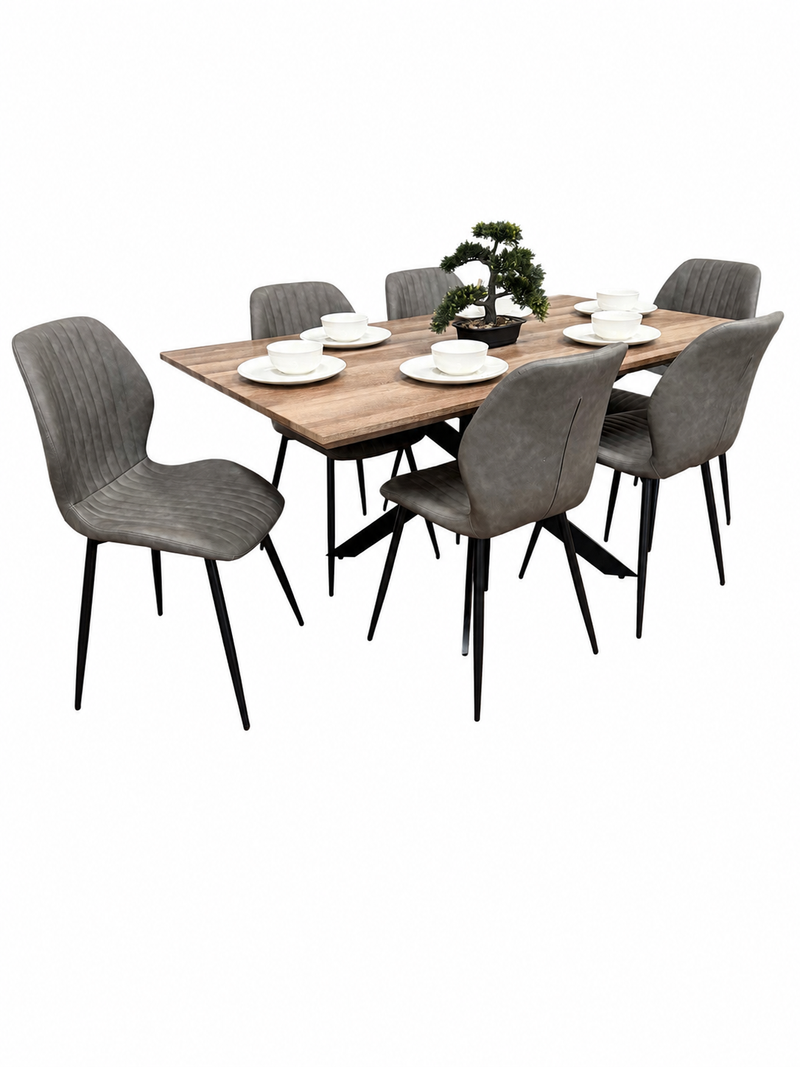 Epsom Rustic Oak 1.6m + 6 Lyra Chairs Grey PU