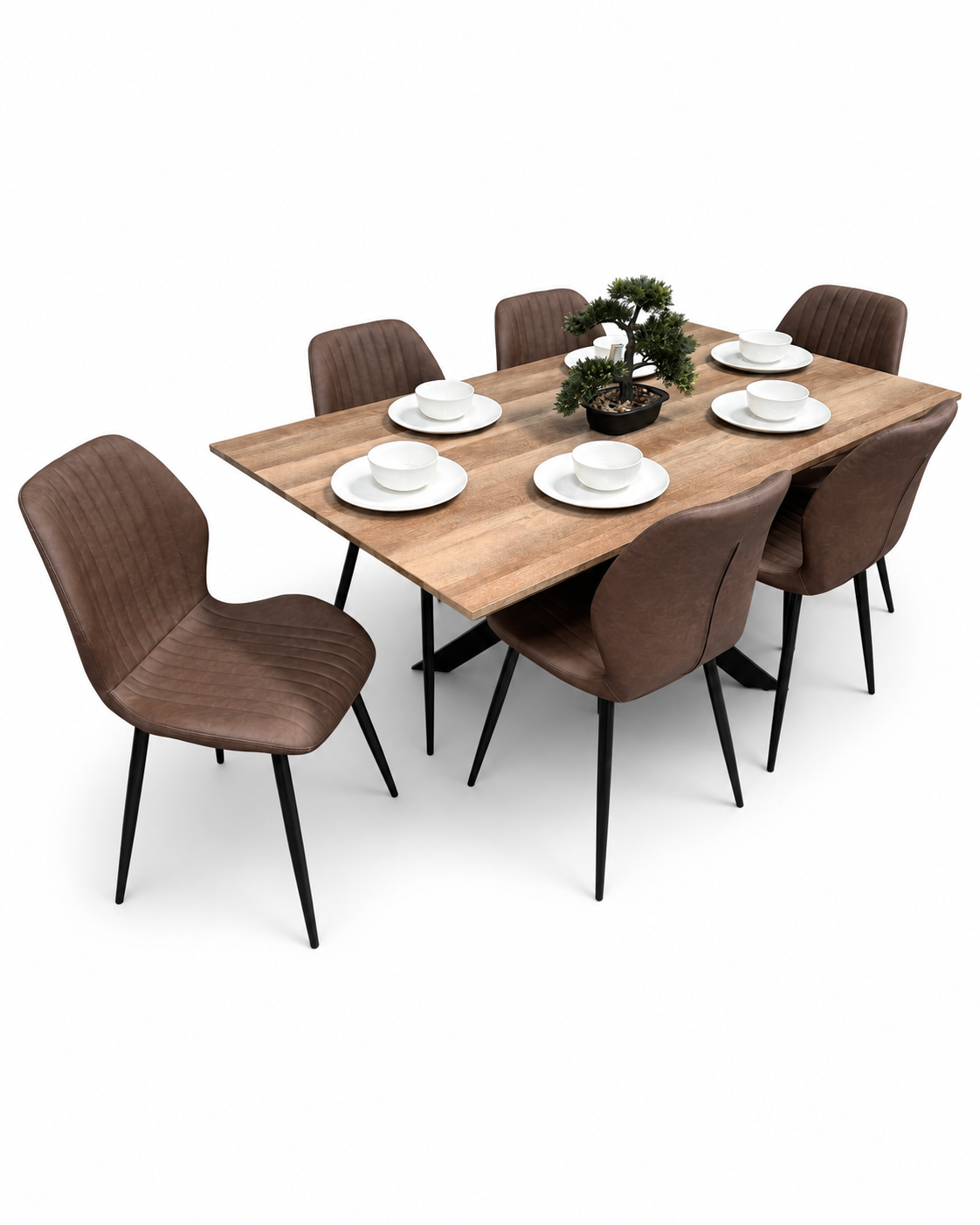 Epsom Rustic Oak  1.6m + 6 Lyra Chairs Brown  PU