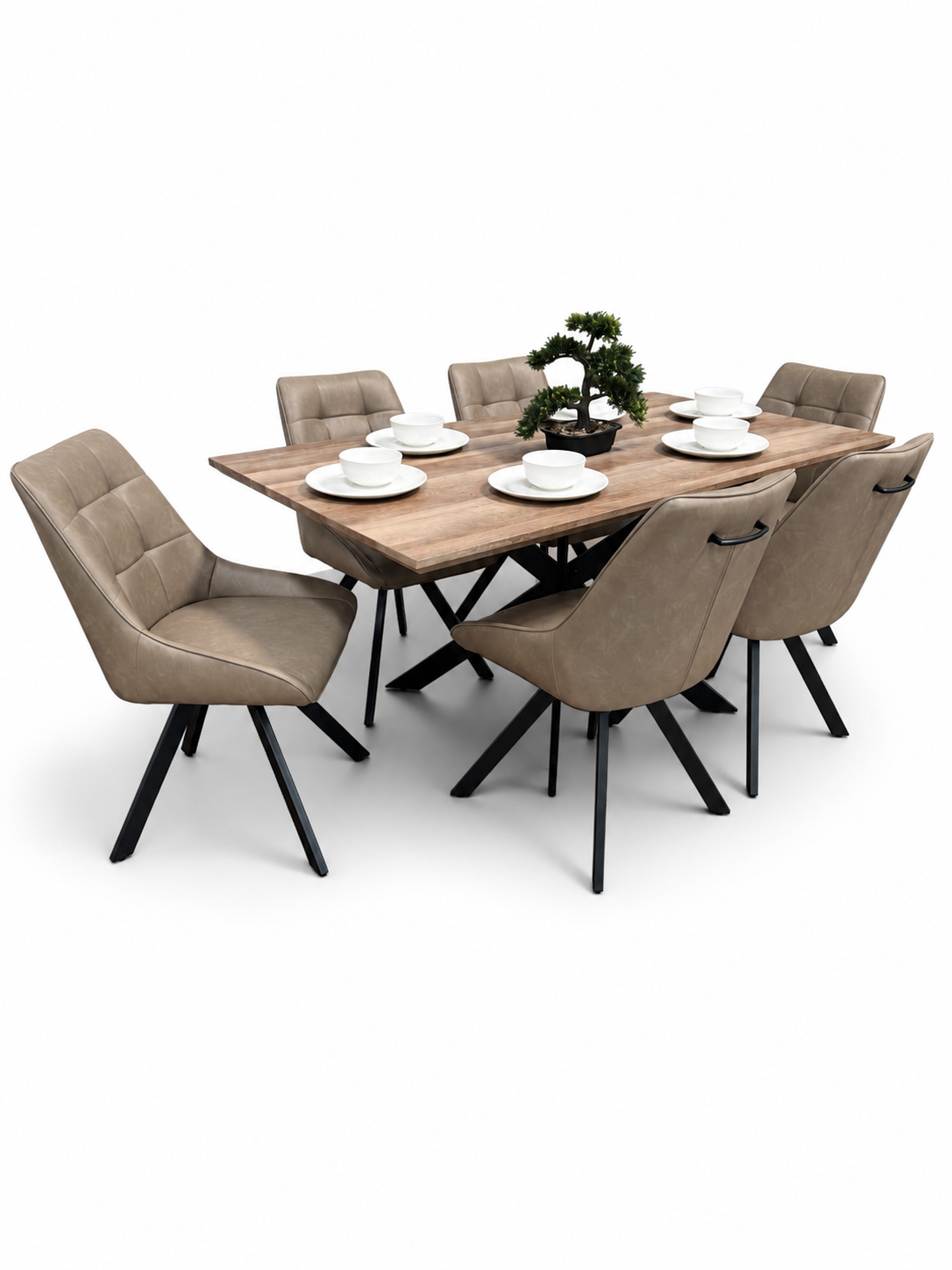 Epsom 1.6m Rustic Oak + 6 Pedro Dark Taupe PU Chairs
