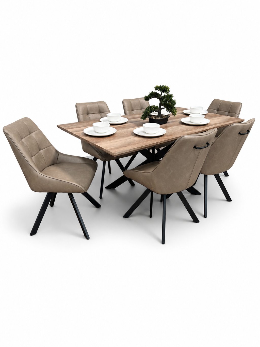 Epsom 1.6m Rustic Oak + 6 Pedro Dark Taupe PU Chairs
