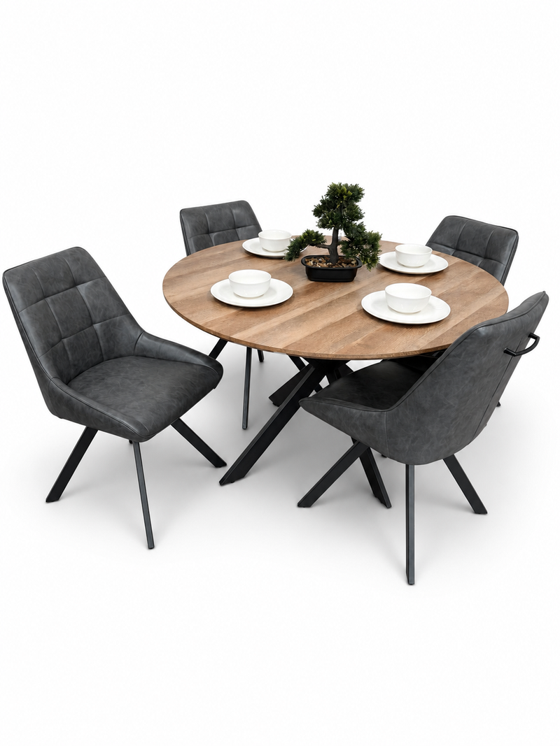 Epsom Rustic Oak 1.2m + 4 Pedro Charcoal PU Chairs