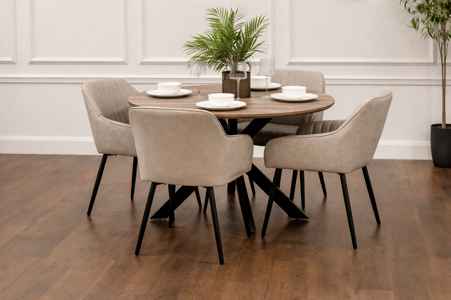Epsom Rustic Oak 1.2m + 4 EZ Taupe PU Chairs