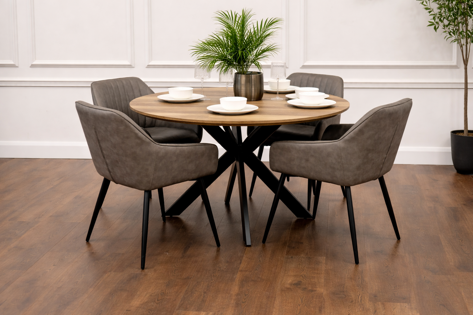 Epsom Rustic Oak 1.2m + 4 EZ Grey PU Chairs