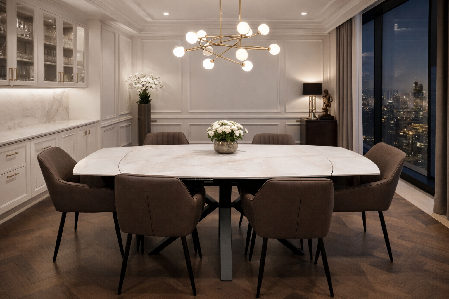 Postiano  Swivel Extendable Table - 140-200cm + 6 EZ Brown PU Chairs