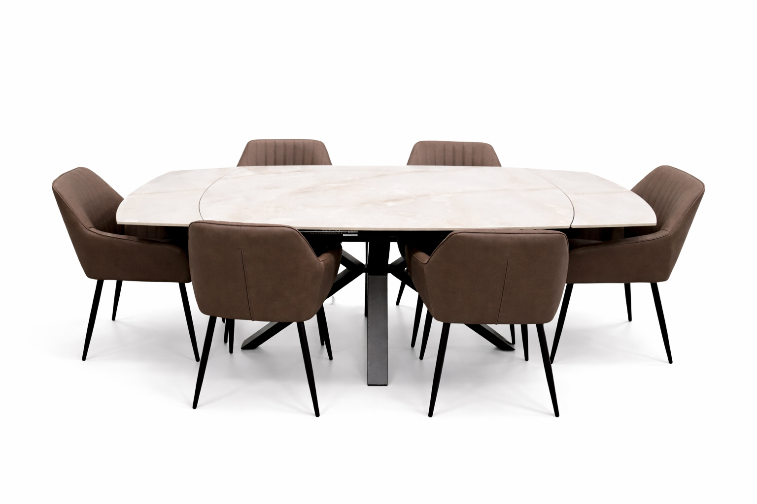 Postiano  Swivel Extendable Table - 140-200cm + 6 EZ Brown PU Chairs