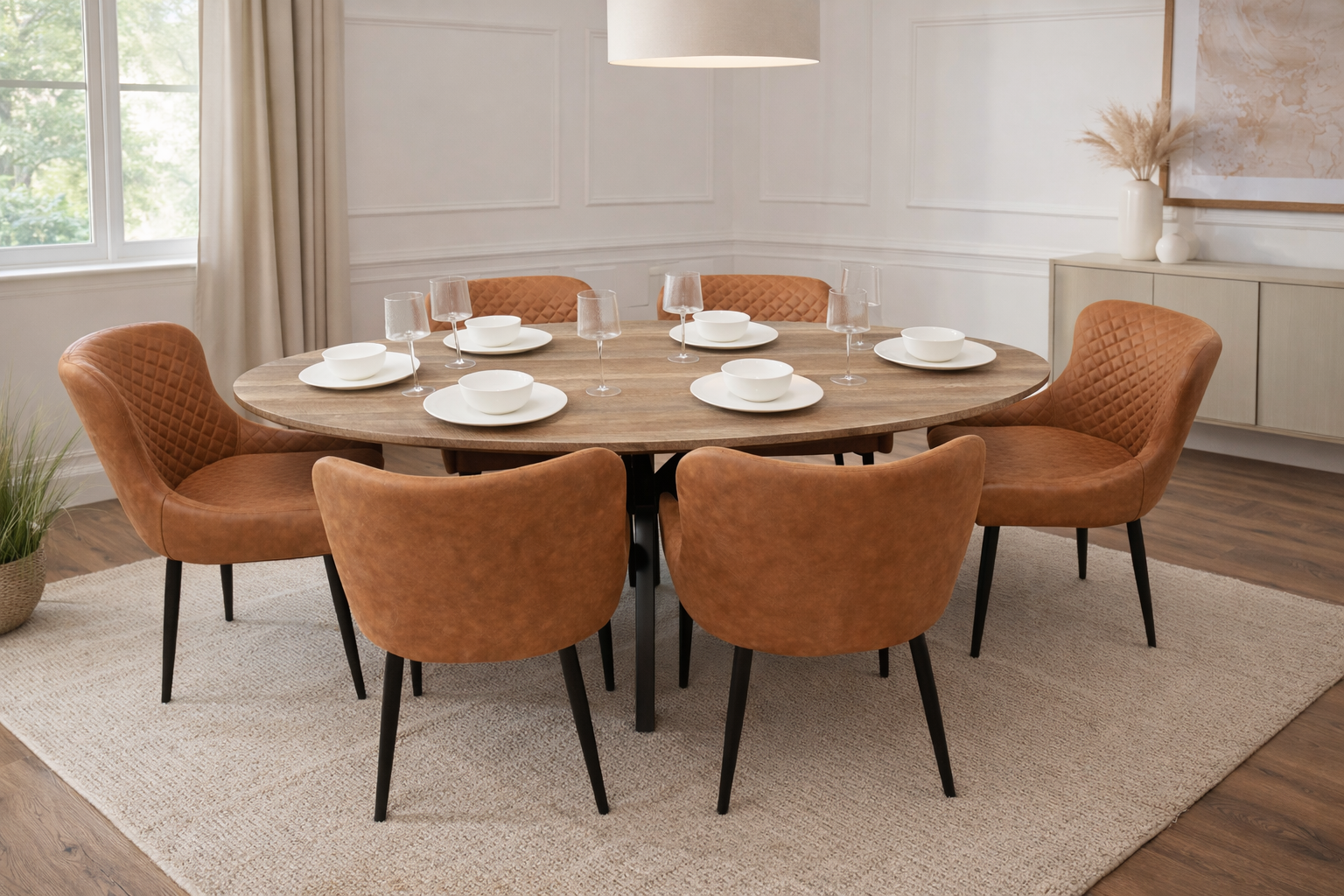 Epsom Rustic Oak 1.8m Oval + 6 Diamond Tan Suede