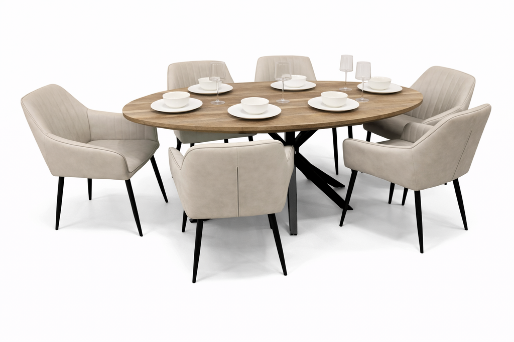 Epsom Rustic Oak 1.8m Oval + 6 EZ Chairs Taupe PU