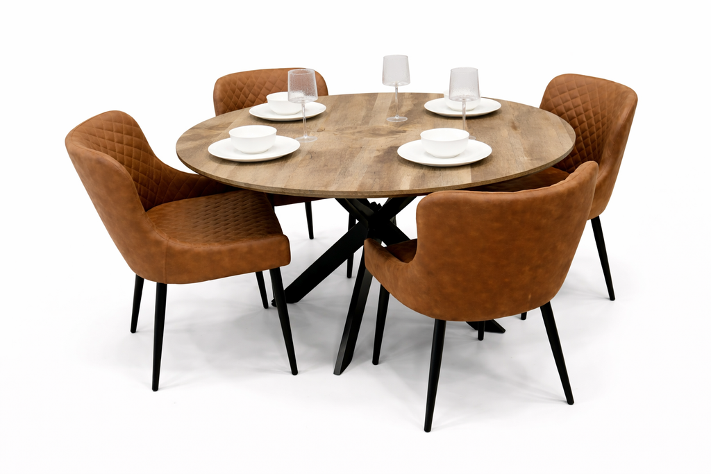 Epsom Rustic Oak 1.2m + 4 Diamond Tan Suede Chairs