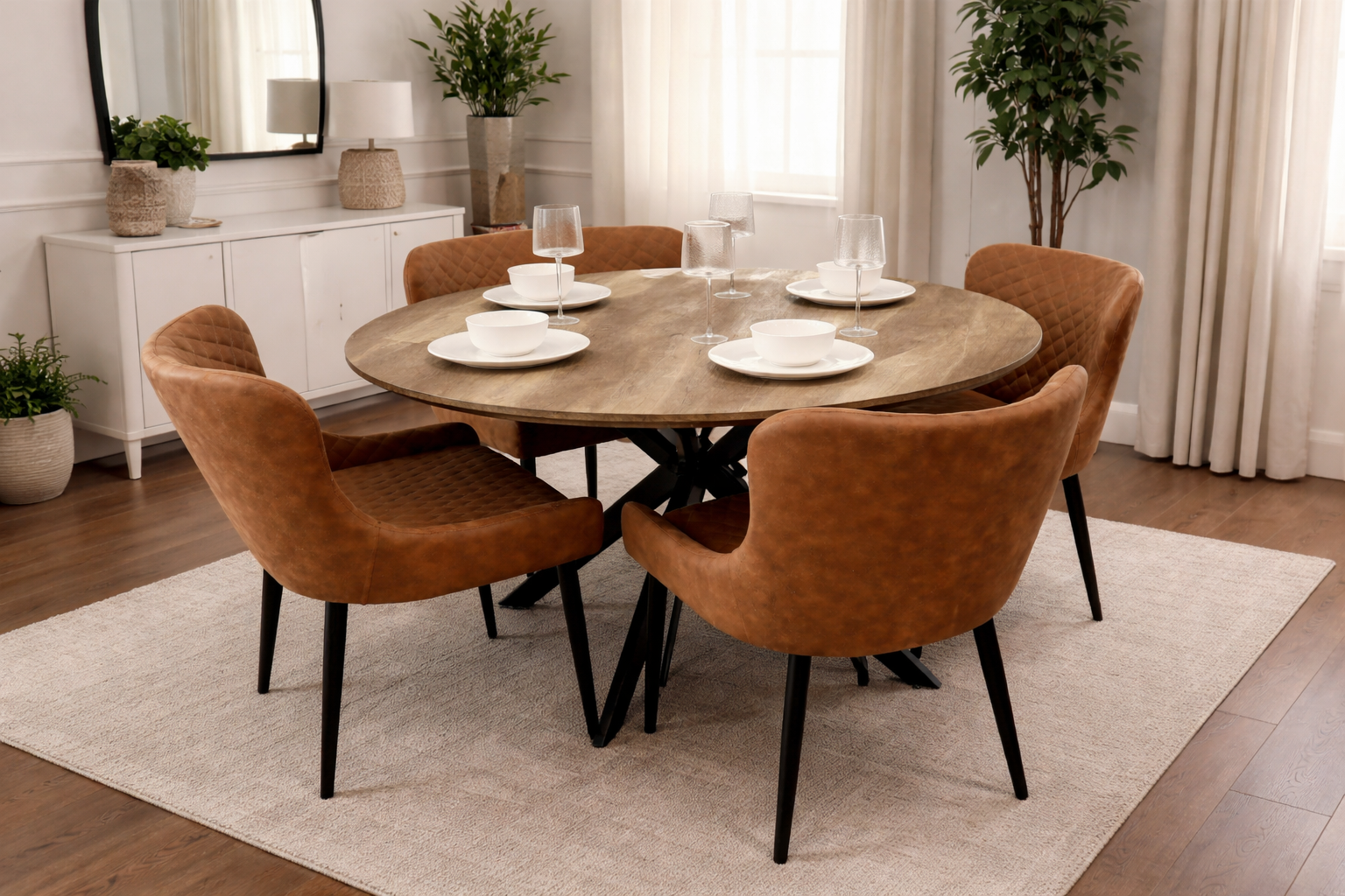 Epsom Rustic Oak 1.2m + 4 Diamond Tan Suede Chairs