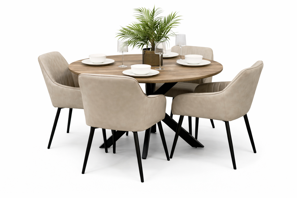 Epsom Rustic Oak 1.2m + 4 EZ Taupe PU Chairs