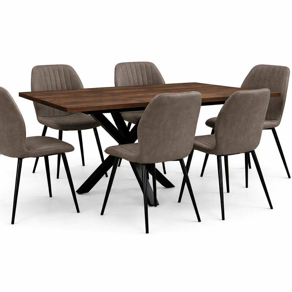 Epsom Dark Oak 1.2m/1.6m + 6 Lyra Chairs Grey PU