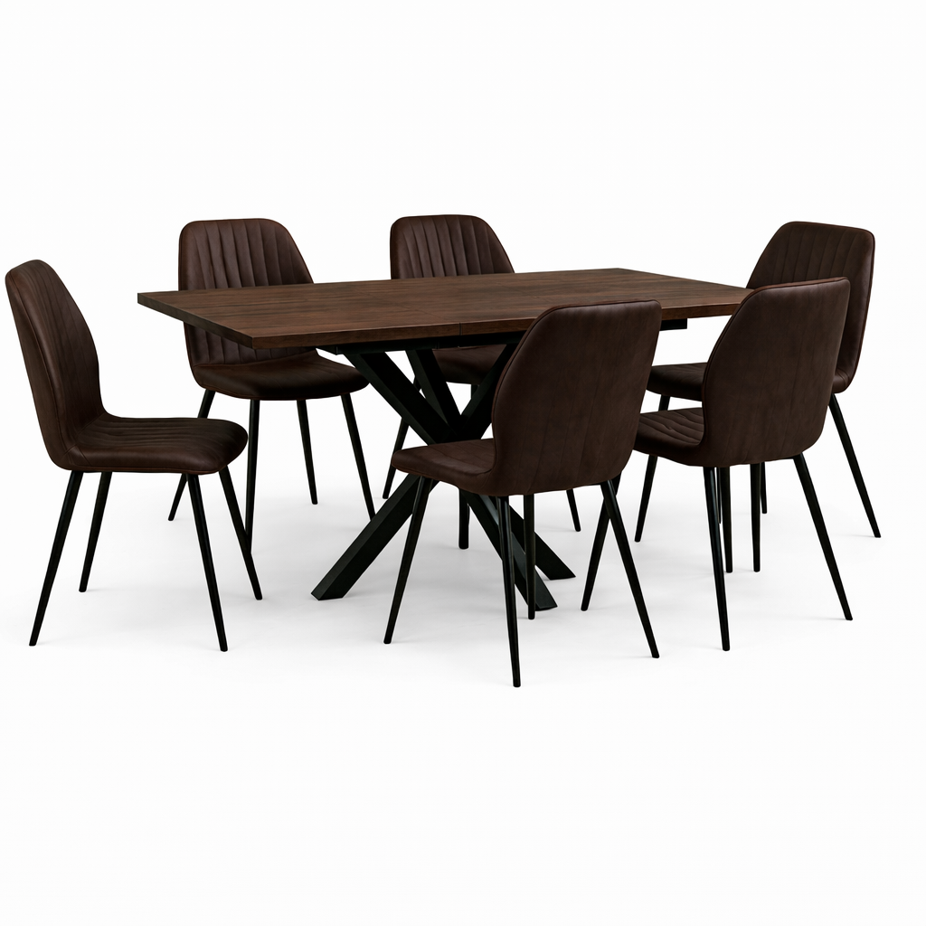 Epsom Dark Oak 1.2m/1.6m + 6 Lyra Chairs Brown PU