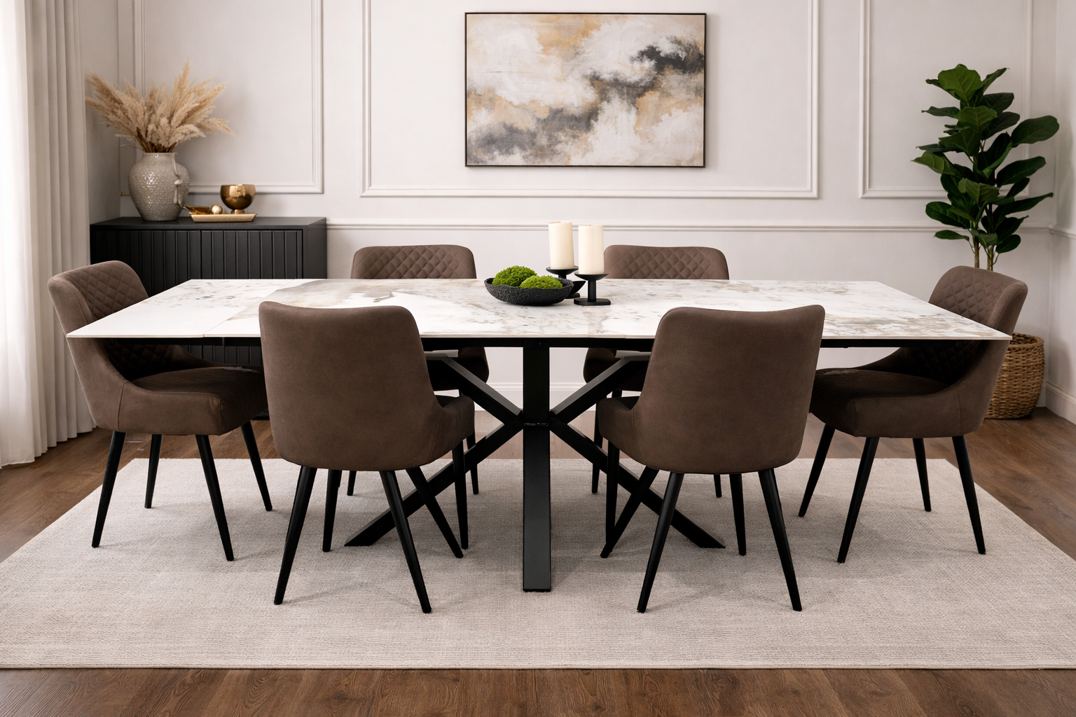 Sorrento Extendable Table 160-240cm - Gold/Grey + 6 Diamond Brown PU Chairs