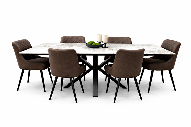 Sorrento Extendable Table 160-240cm - Gold/Grey + 6 Diamond Brown PU Chairs