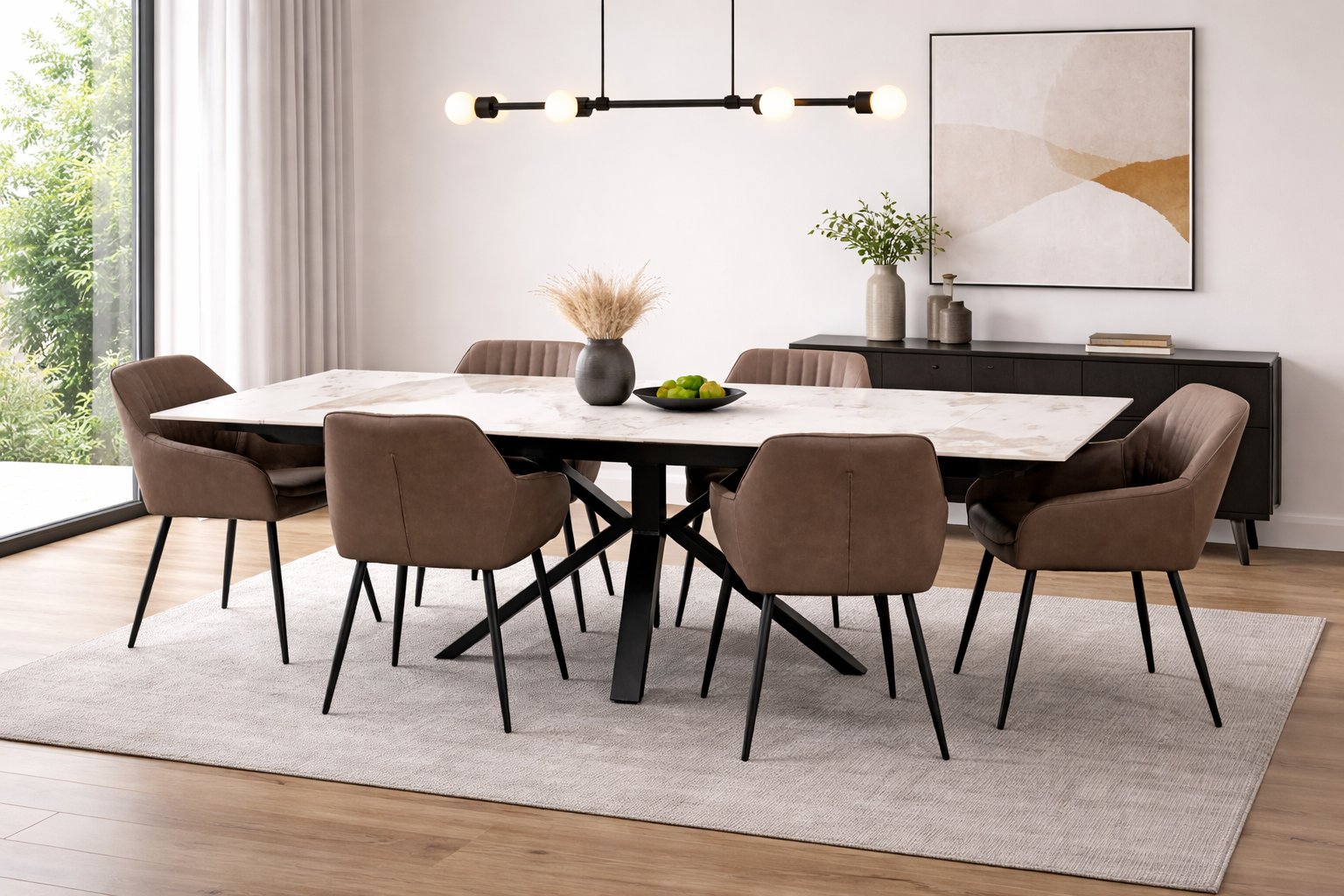 Sorrento Extendable Table 160-240cm - Gold/Grey + 6 EZ Brown PU Chairs