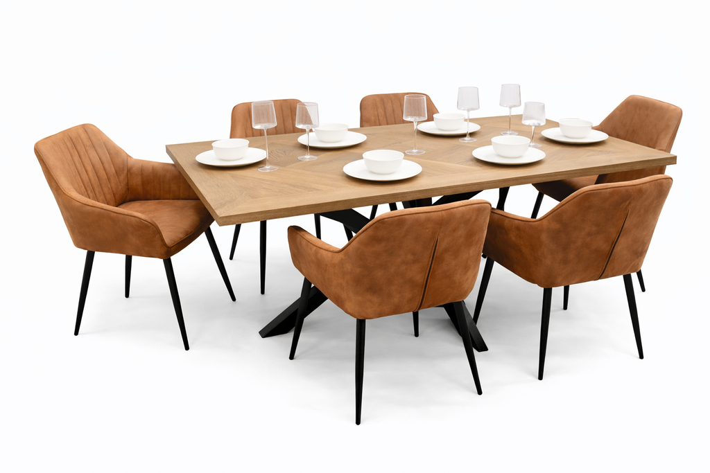 Hugo 1.6m Medium Oak Veneer+ 6 EZ Tan Suede Chairs