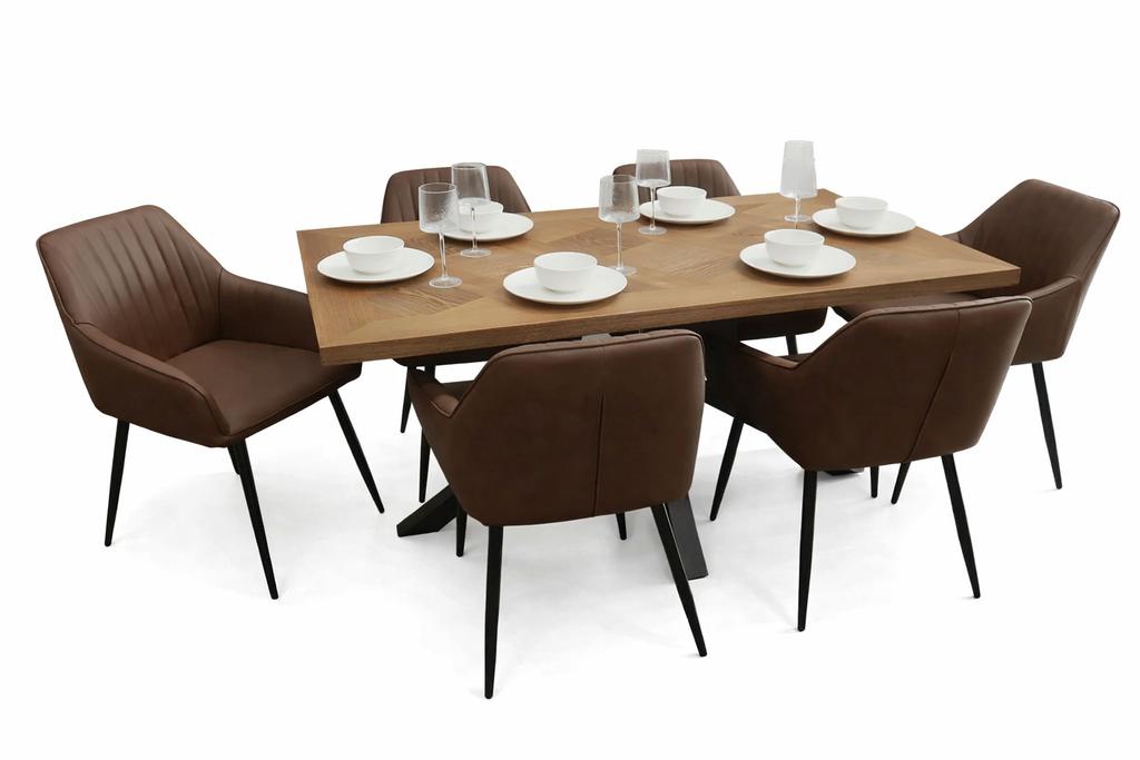 Hugo 1.6m Medium Oak Veneer+ 6 EZ Brown PU Chairs