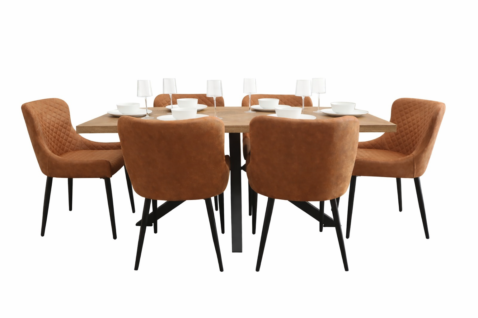 Hugo 1.6m Medium Oak Veneer+ 6 Diamond Tan Suede Chairs