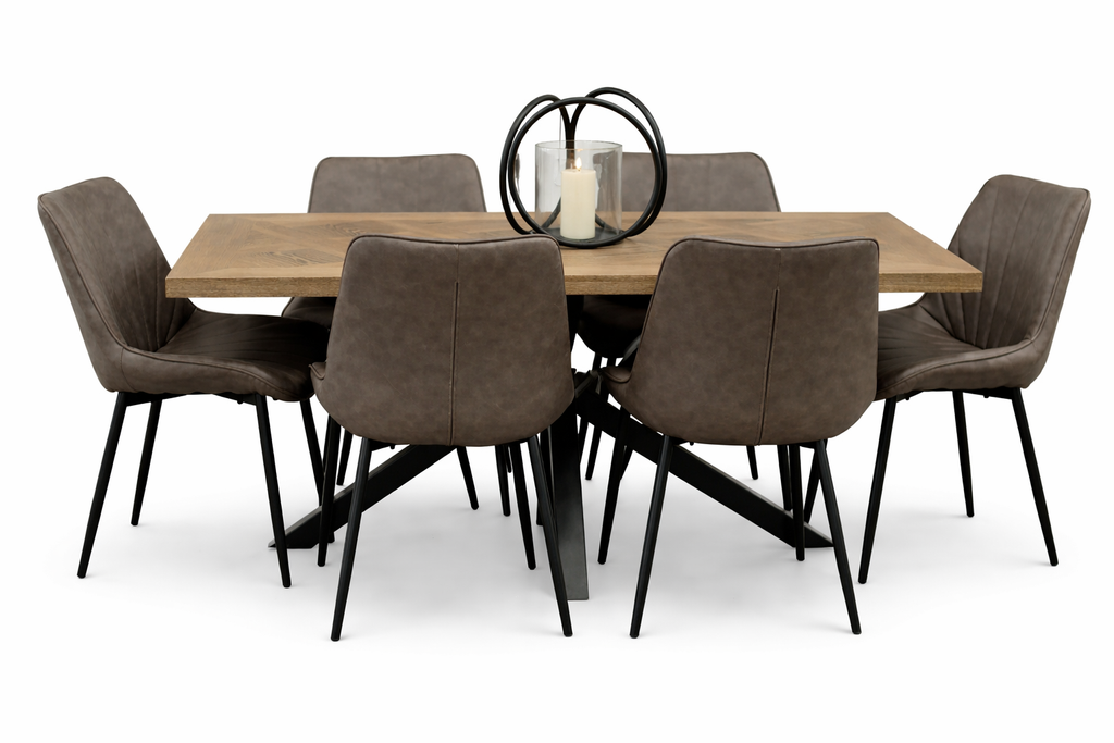 Hugo 1.6m Medium Oak Veneer+ 6 Tilly Grey PU Chairs