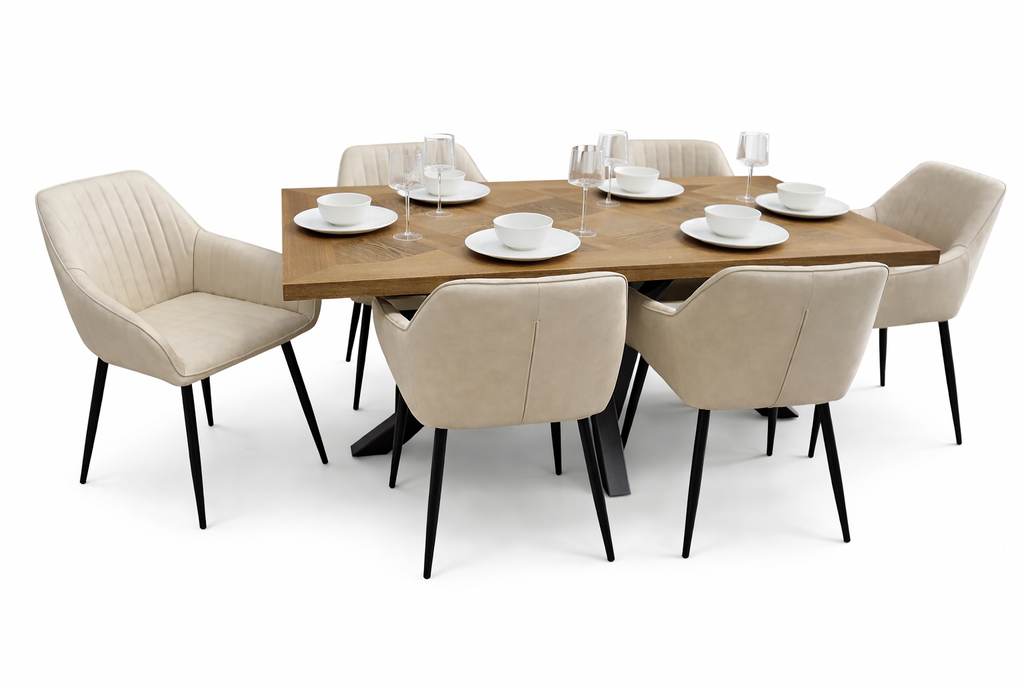 Hugo 1.6m Medium Oak Veneer+ 6 EZ Taupe PU Chairs