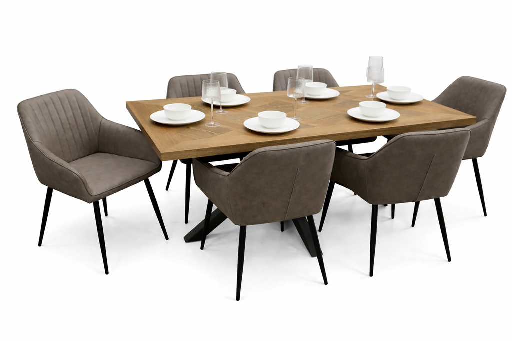 Hugo 1.6m Medium Oak Veneer+ 6 EZ Grey PU Chairs