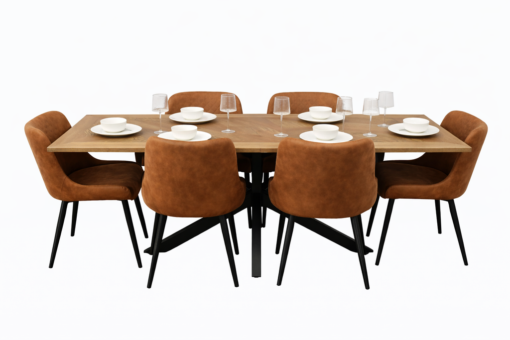 Peyton 1.6m/2m + 6 Diamond Tan Suede Chairs