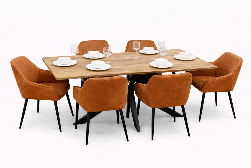 Epsom Rustic Oak 1.6m + 6 EZ Tan Suede Chairs