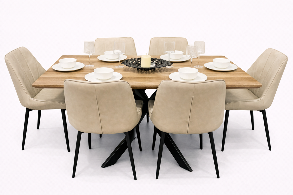 Epsom Rustic Oak 1.6m + 6 Tilly Chairs Taupe PU