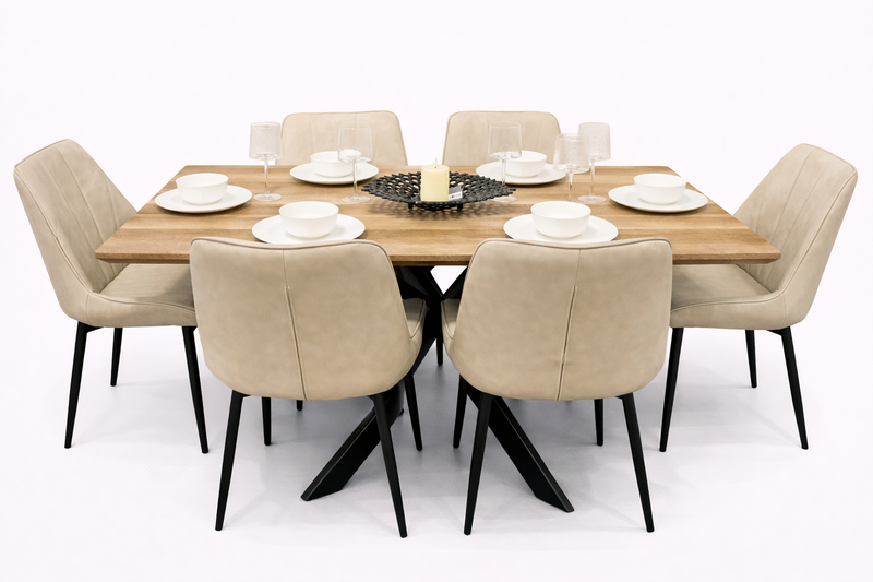 Epsom Rustic Oak 1.6m + 6 Tilly Chairs Taupe PU